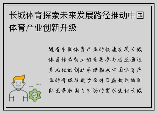 长城体育探索未来发展路径推动中国体育产业创新升级