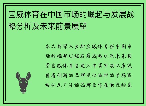 宝威体育在中国市场的崛起与发展战略分析及未来前景展望